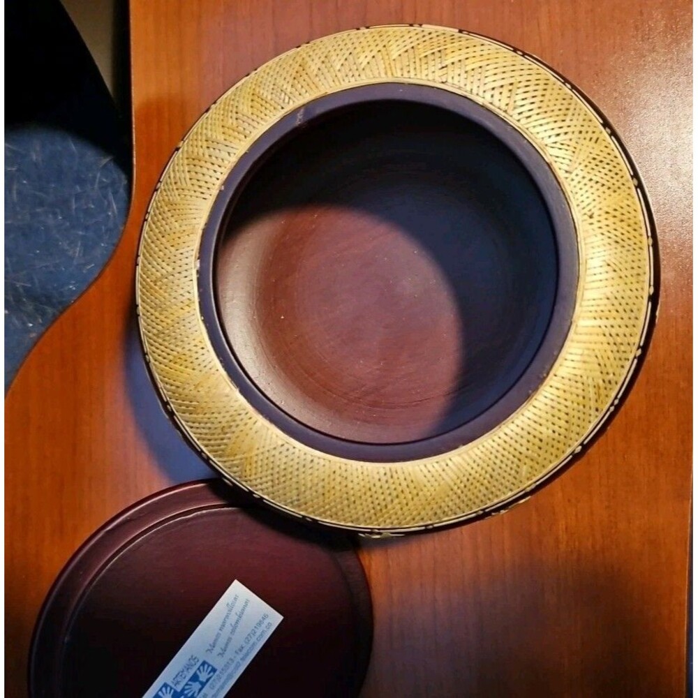 Handmade Straw Marquetry Wooden Trinket Bowl W/ Lid Village Scenery 6” Round - Picture 4 of 8